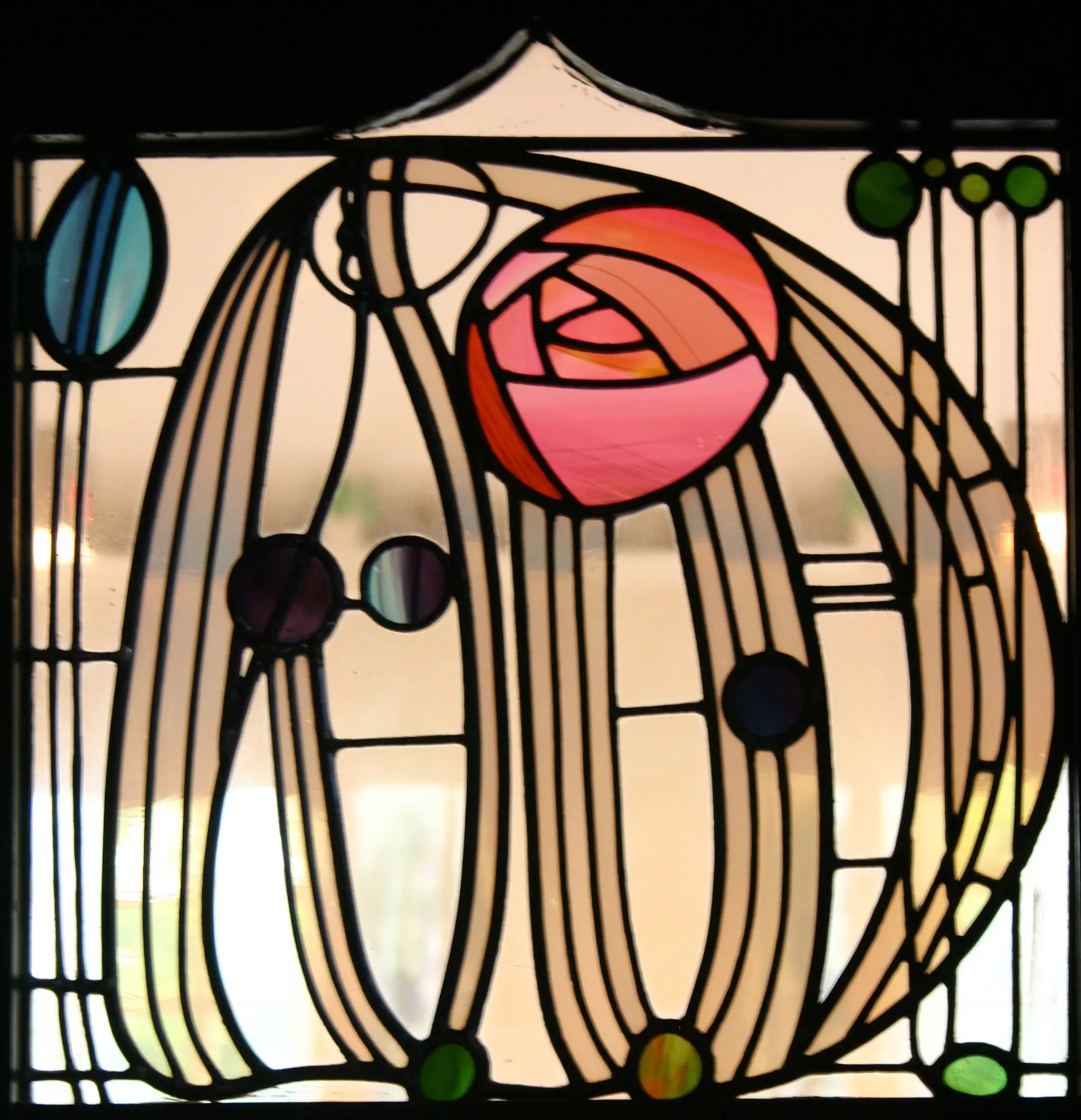 Stained glass window from Charles Rennie Mackintosh's most thoroughly designed Glasgow Style building: The Hill House (Helensburgh, Scotland, 1902-1904)